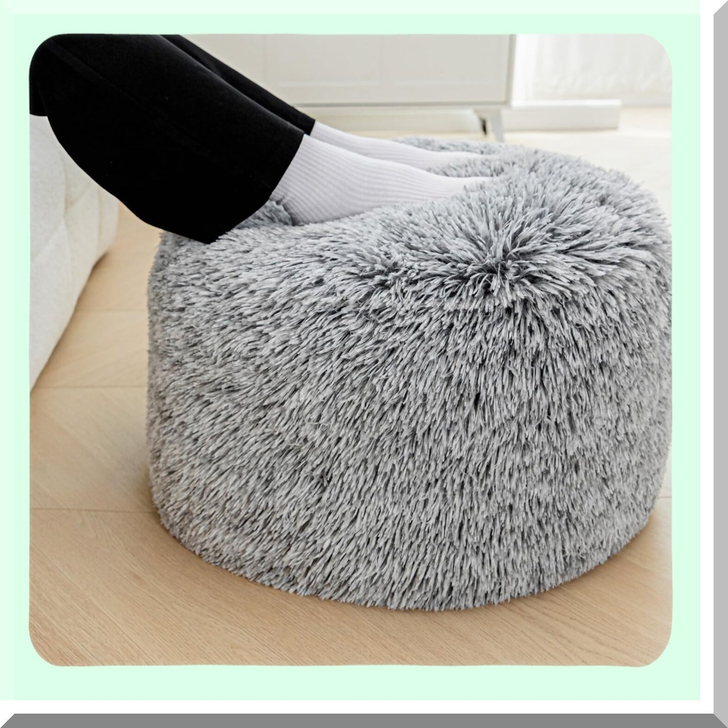 Snow Gray Round Pouf Ottoman - 20" Diameter x 12" Height Stuffed Foot Stool Chair for Living Room & Bedroom. Soft Floor Rest for Couch.