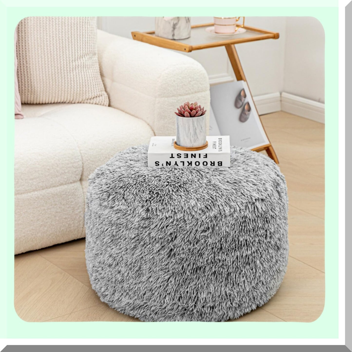 Snow Gray Round Pouf Ottoman - 20" Diameter x 12" Height Stuffed Foot Stool Chair for Living Room & Bedroom. Soft Floor Rest for Couch.