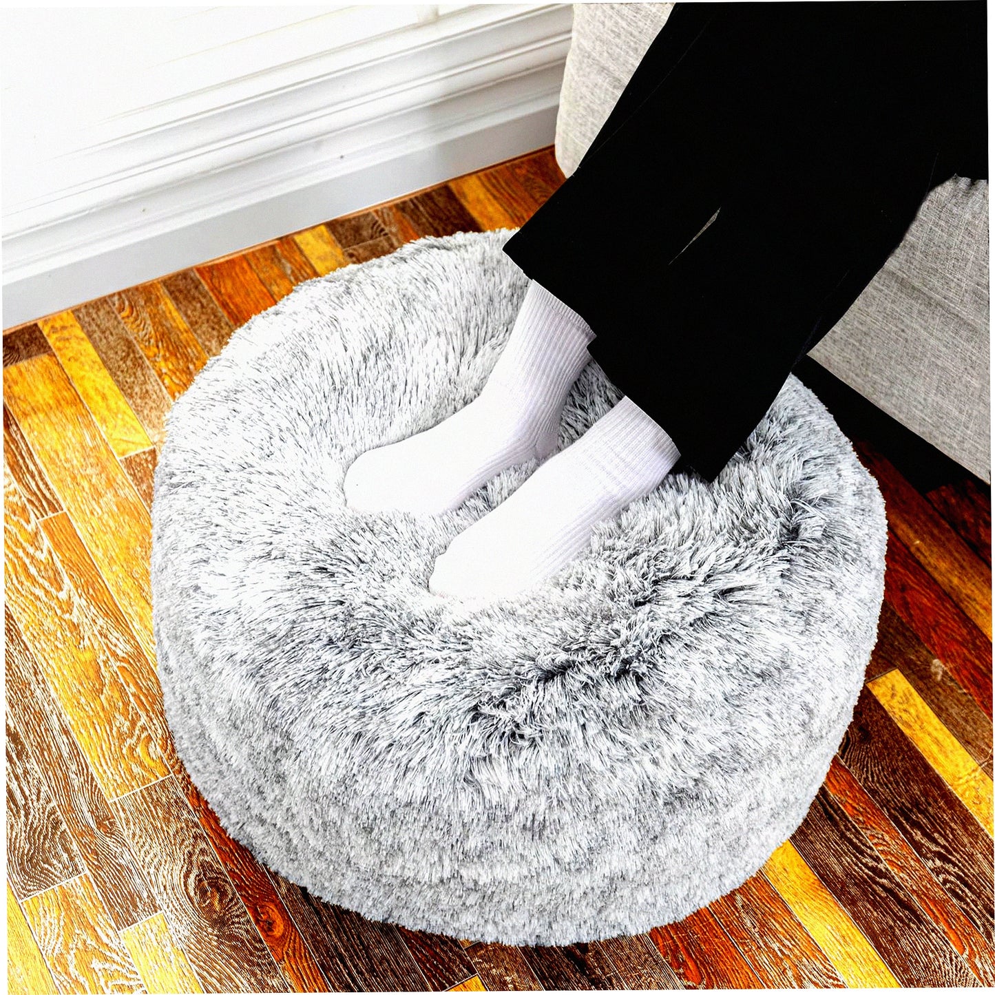 Snow Gray Round Pouf Ottoman - 20" Diameter x 12" Height Stuffed Foot Stool Chair for Living Room & Bedroom. Soft Floor Rest for Couch.