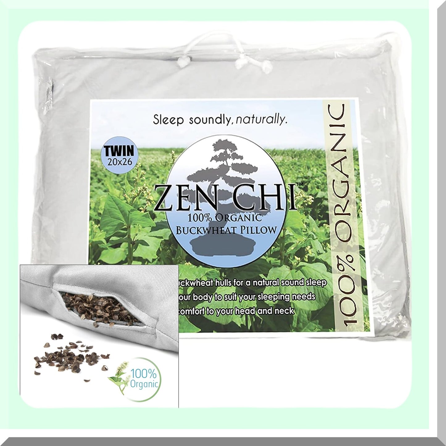 CoolSleep Contour Buckwheat Pillow - Twin Size (20"X26") with Natural Cooling Technology. All Cotton Cover for Comfortable Sleep, Adjusts to Neck and Head Contours.