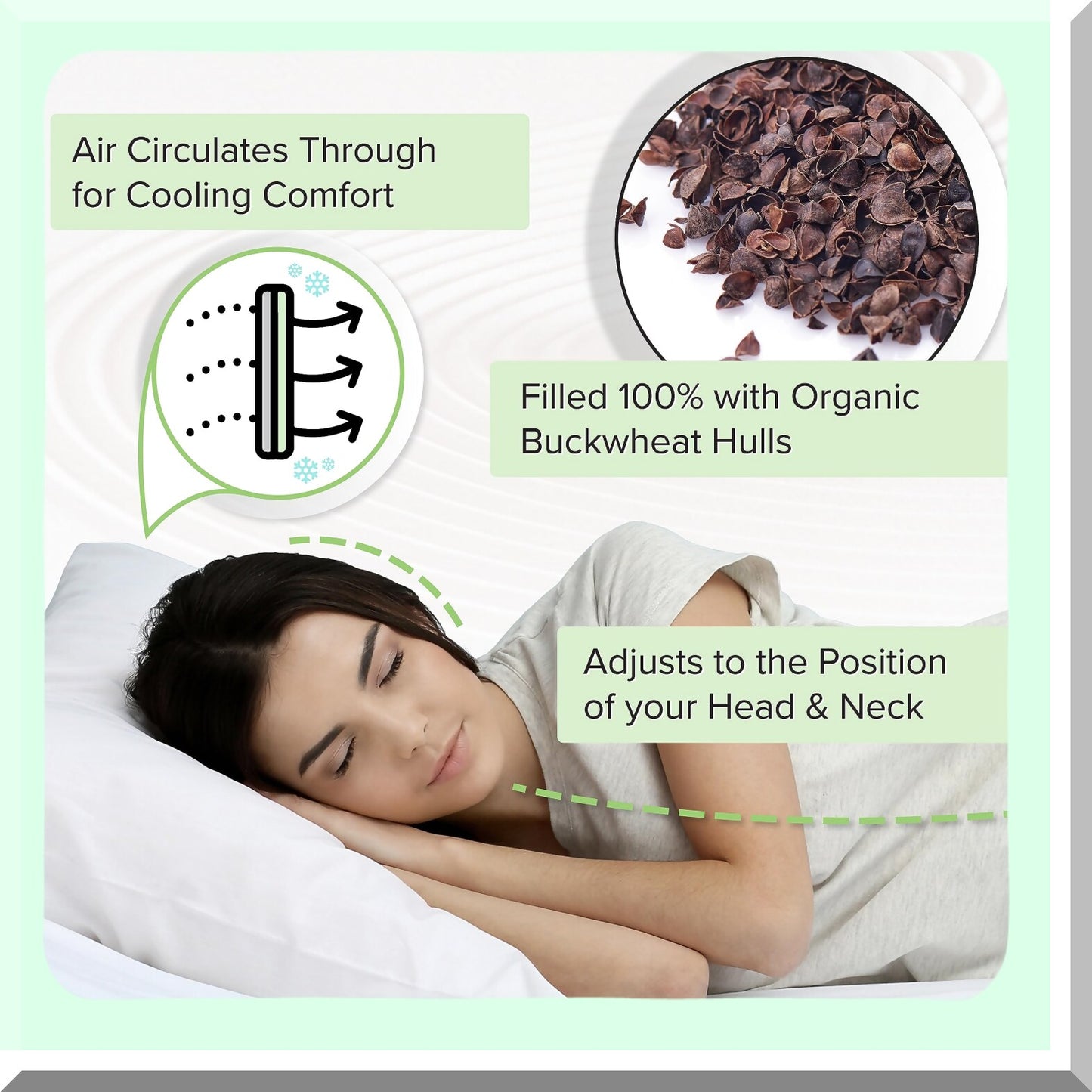 CoolSleep Contour Buckwheat Pillow - Twin Size (20"X26") with Natural Cooling Technology. All Cotton Cover for Comfortable Sleep, Adjusts to Neck and Head Contours.