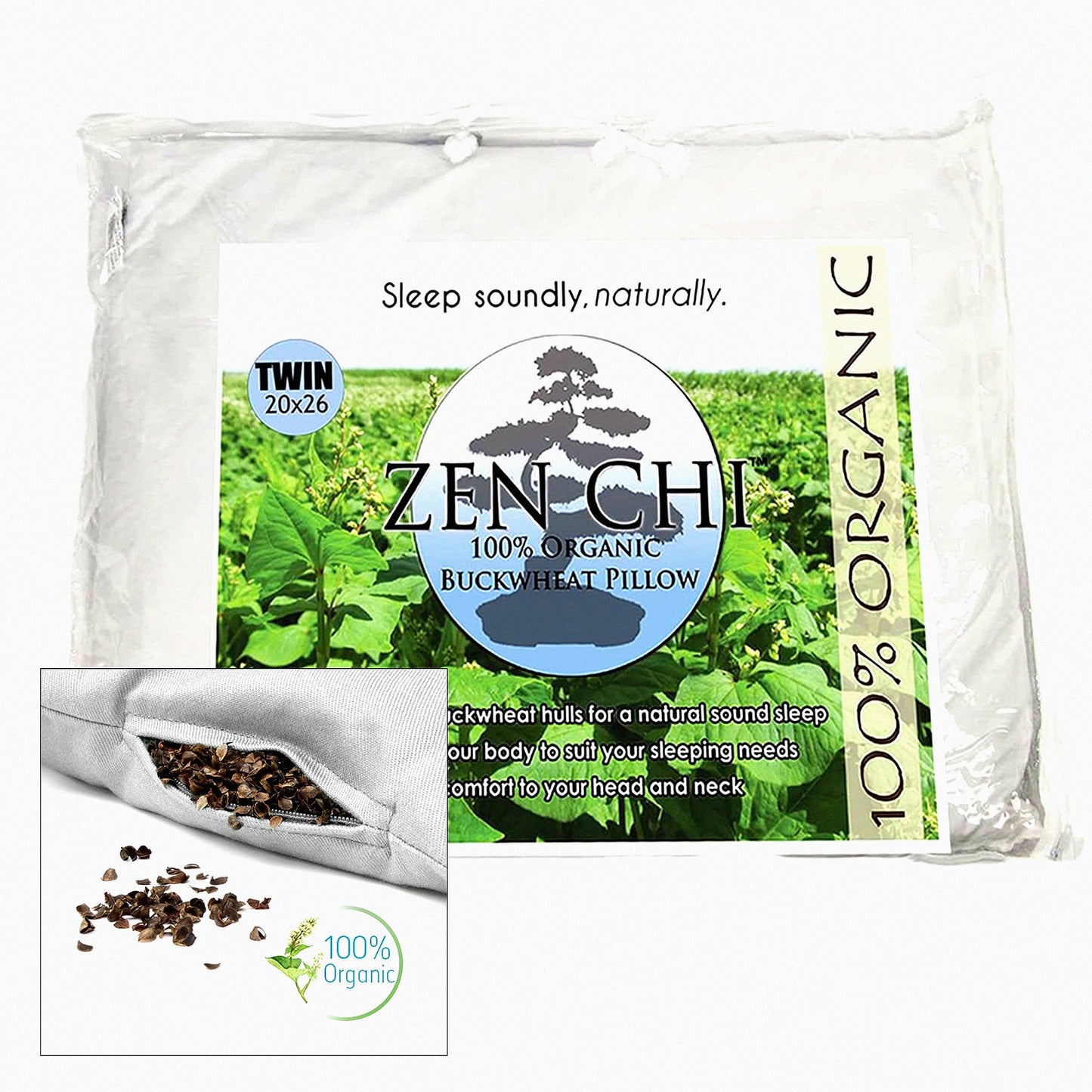 CoolSleep Contour Buckwheat Pillow - Twin Size (20"X26") with Natural Cooling Technology. All Cotton Cover for Comfortable Sleep, Adjusts to Neck and Head Contours.