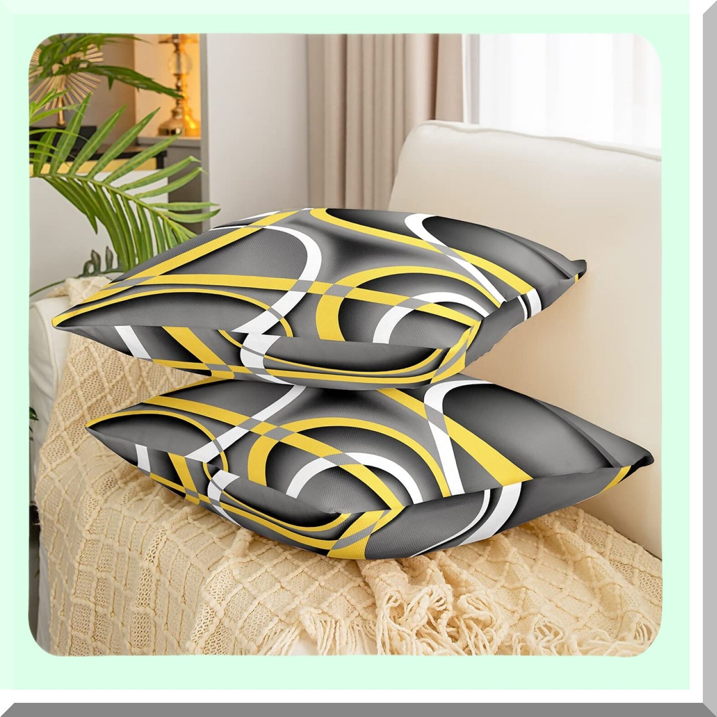 Abstract Lines Decorative Cushion Set - Geometric Circle Yellow Gray White Pillow Cover for Car Chairs Sofa - Modern Simple Style Case for Teens Men Adults 20x20 Inch - Pack of 2