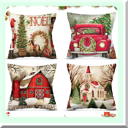 Red Linen Throw Pillow Covers - Xmas Series 4 Pack Zippered Cushion Sofa Couch Pillowcases for Home Decorations.