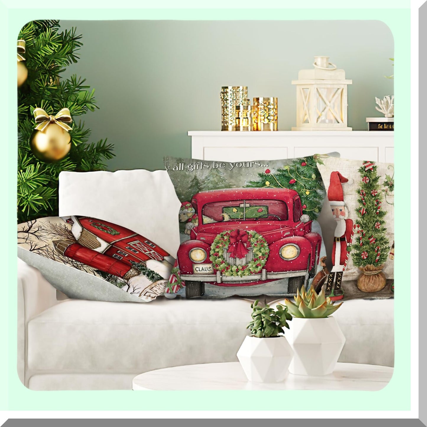 Red Linen Throw Pillow Covers - Xmas Series 4 Pack Zippered Cushion Sofa Couch Pillowcases for Home Decorations.