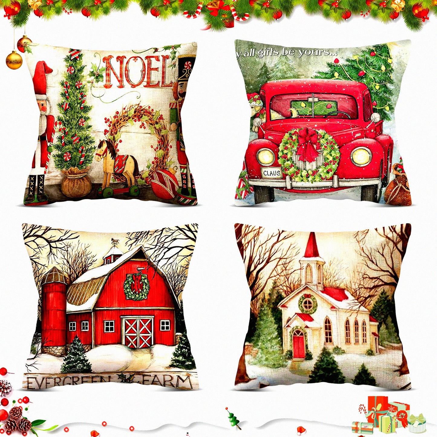Red Linen Throw Pillow Covers - Xmas Series 4 Pack Zippered Cushion Sofa Couch Pillowcases for Home Decorations.