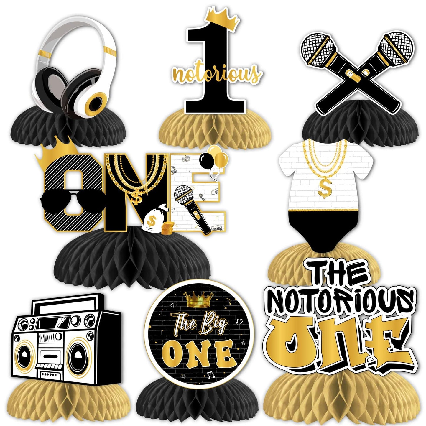 The Big One Hip Hop Honeycomb Centerpieces - 8Pcs Black Gold 1st Birthday Decorations for One Year Old Boy, The Notorious One Theme Table Decor