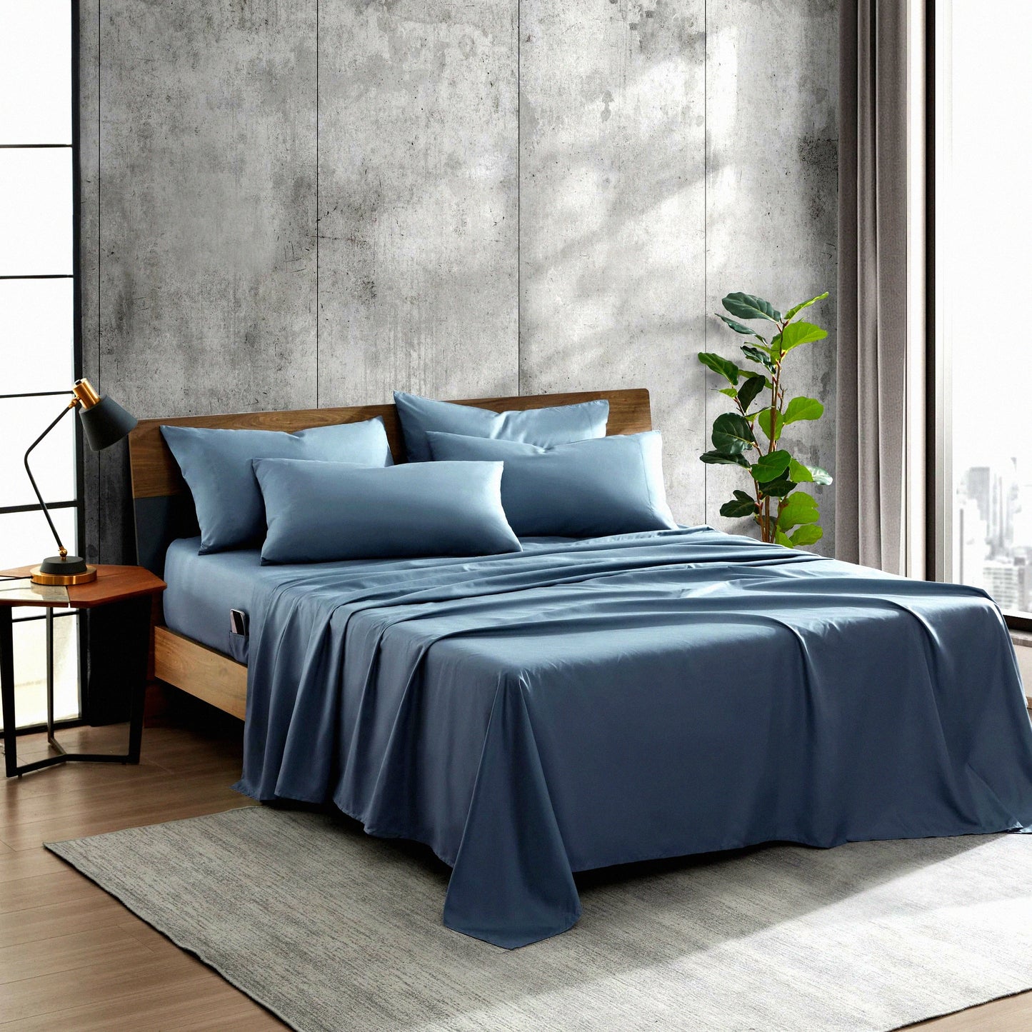 CoolBreeze EcoSoft Queen Sheet Set - 6-Piece Bedding, Wrinkle-Resistant & Cooling, Solid Blue - Sustainable Recycled Polyester - Luxurious Comfort & Quality - Solutions for a Restful Sleep