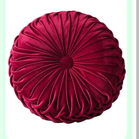 Luxury Velvet Round Throw Pillow - Wine Red Decorative Cushion for Couch & Bed - Small Bedroom Accent Pillow 13.7 inches