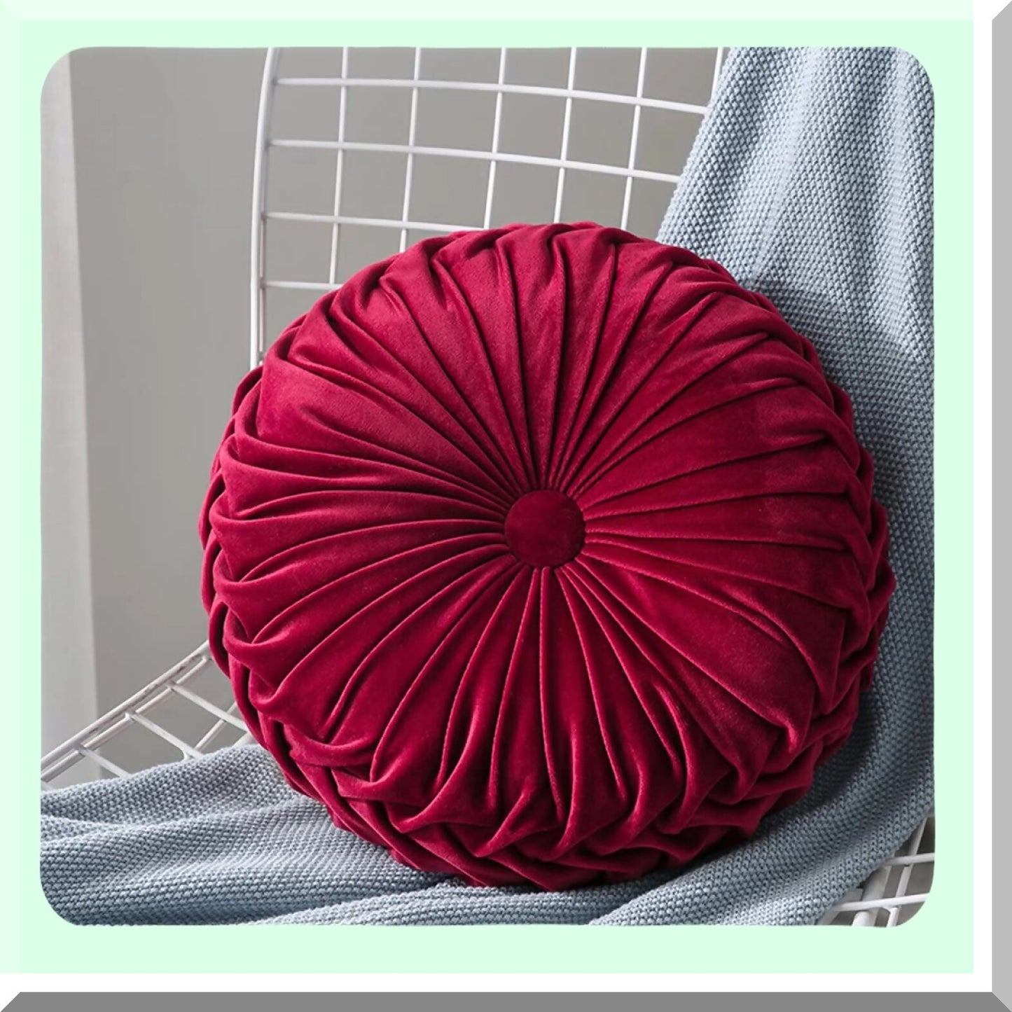 Luxury Velvet Round Throw Pillow - Wine Red Decorative Cushion for Couch & Bed - Small Bedroom Accent Pillow 13.7 inches