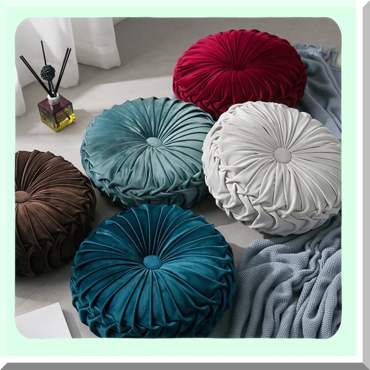 Luxury Velvet Round Throw Pillow - Wine Red Decorative Cushion for Couch & Bed - Small Bedroom Accent Pillow 13.7 inches