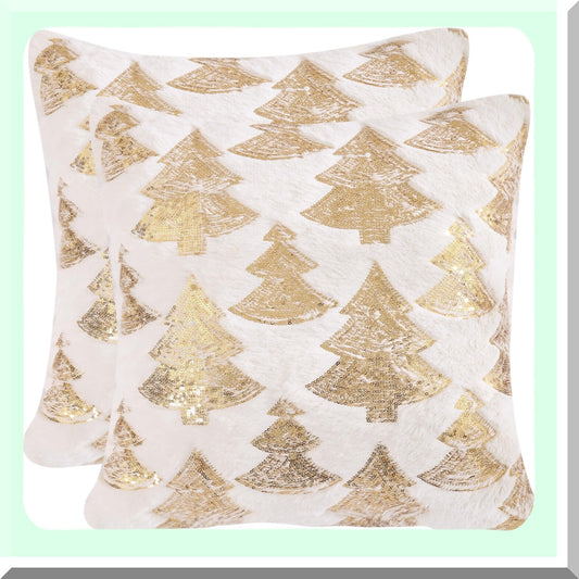 Sequin Tree Pillowcase Set - Winter Holiday Decorative Cushion Cover - White Plush Throw Pillow Case - 18 x 18 Inch - Party Decor - Soft Cozy Bedding