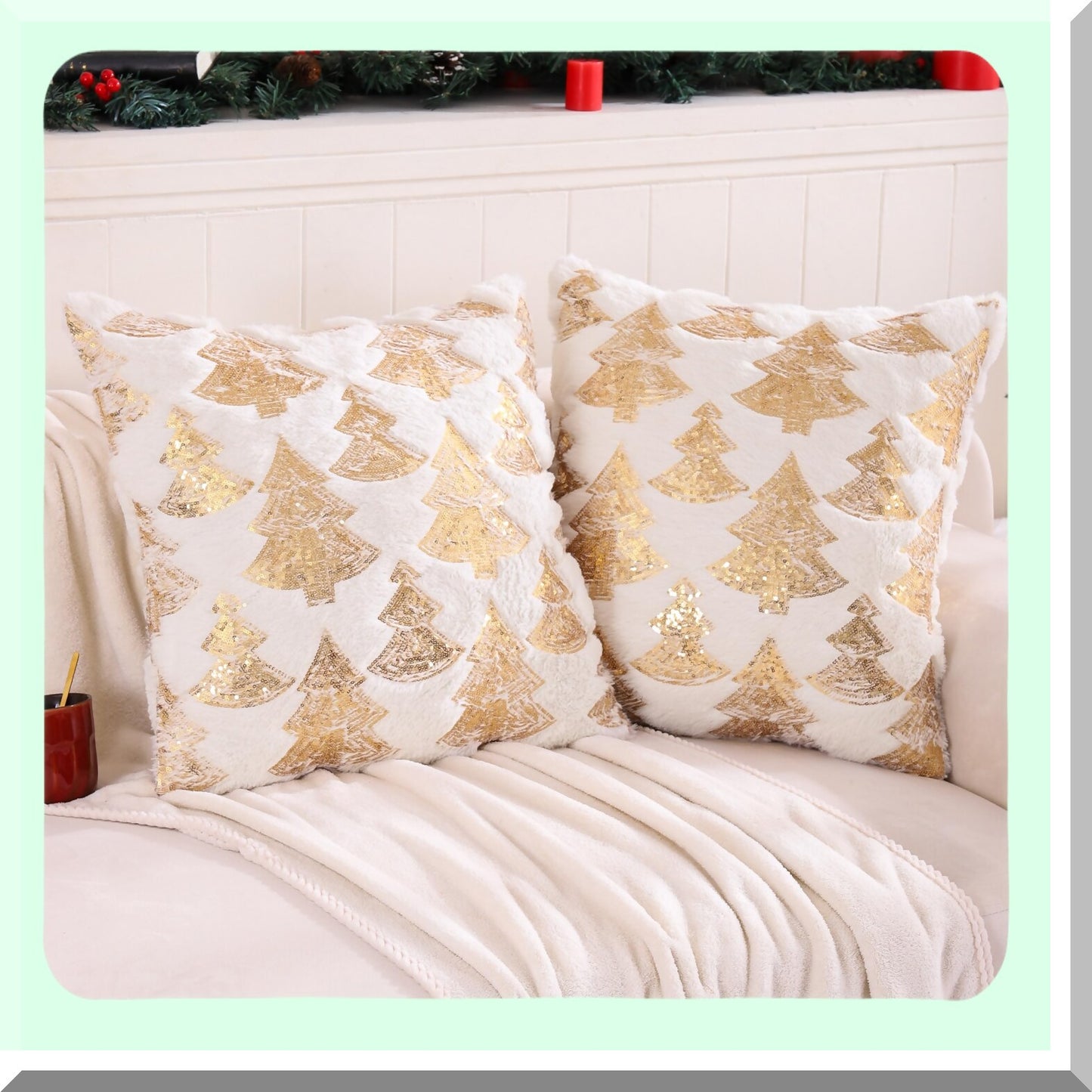 Sequin Tree Pillowcase Set - Winter Holiday Decorative Cushion Cover - White Plush Throw Pillow Case - 18 x 18 Inch - Party Decor - Soft Cozy Bedding