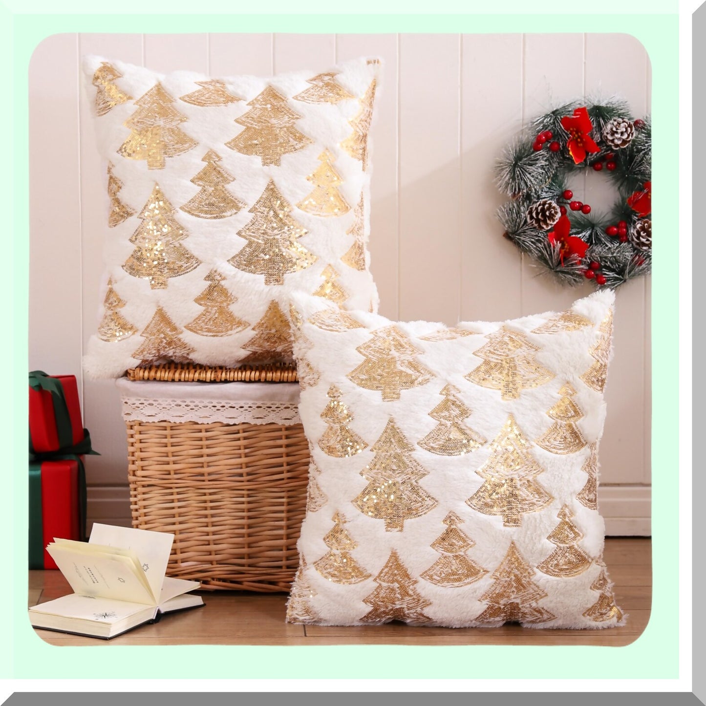 Sequin Tree Pillowcase Set - Winter Holiday Decorative Cushion Cover - White Plush Throw Pillow Case - 18 x 18 Inch - Party Decor - Soft Cozy Bedding