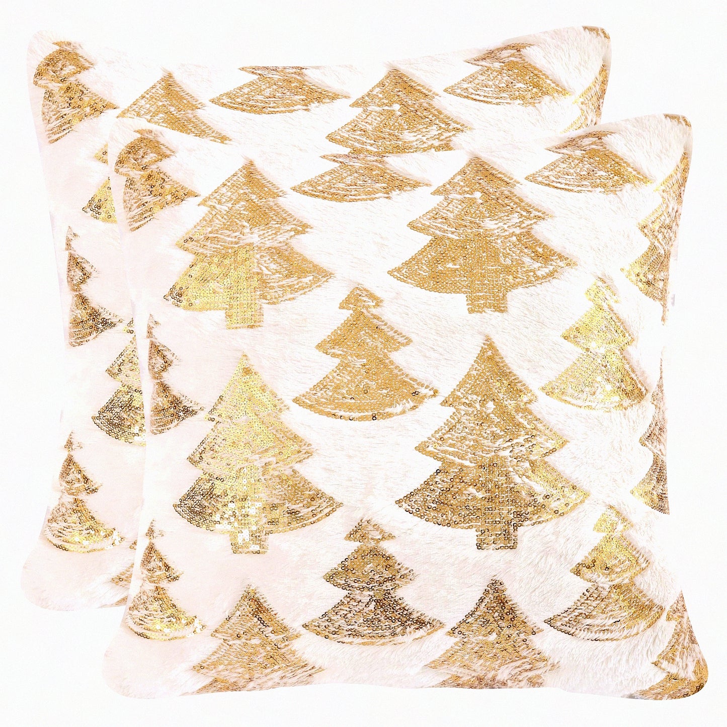 Sequin Tree Pillowcase Set - Winter Holiday Decorative Cushion Cover - White Plush Throw Pillow Case - 18 x 18 Inch - Party Decor - Soft Cozy Bedding