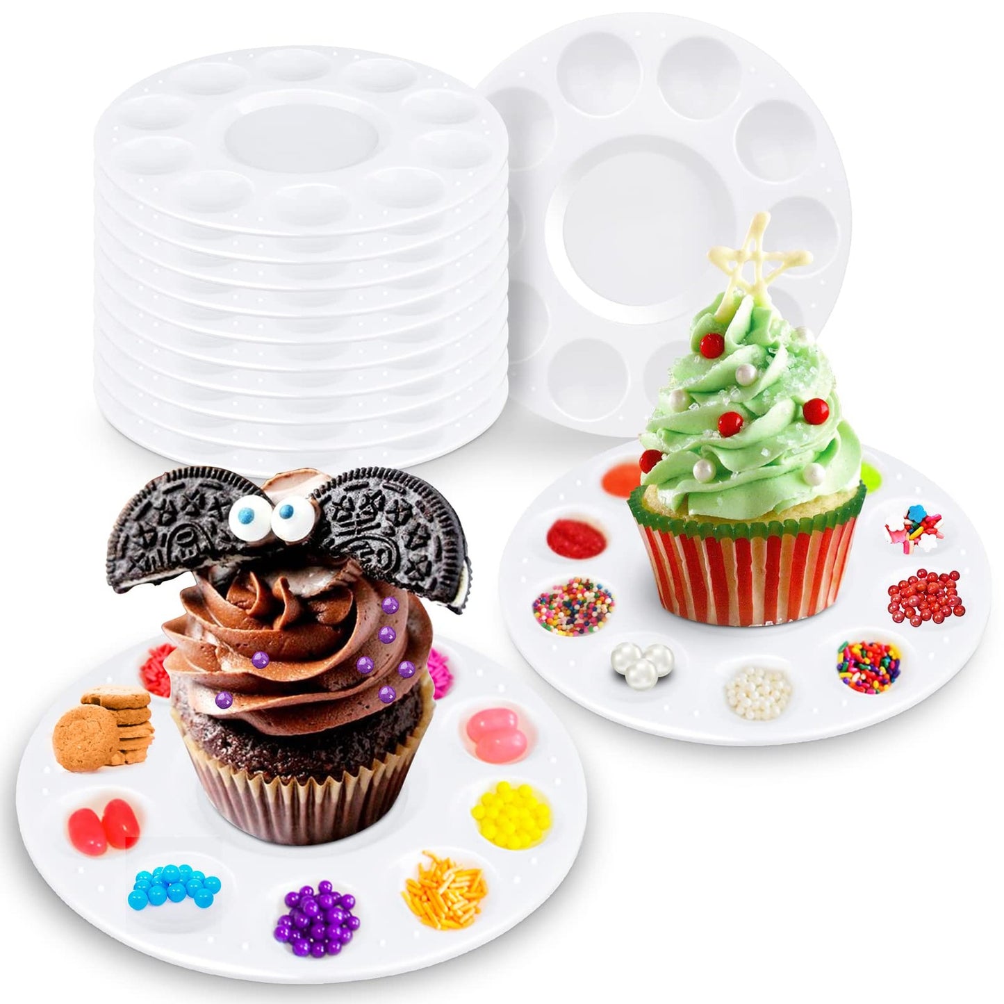 Cupcake Fun Plates - Kids Party Decorating Tray with 10 Wells for Sprinkles - Birthday Party Supplies(Set of 10)