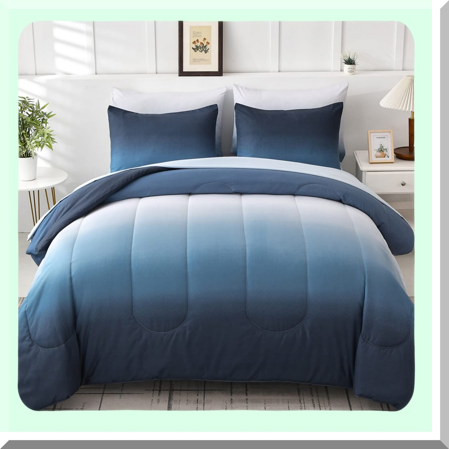 Ocean Blue Ombre Comforter Set - 7 Piece Microfiber Bed in a Bag - All Season Down Alternative Abstract Bedding for Teen Boys Girls - 90" x 90"