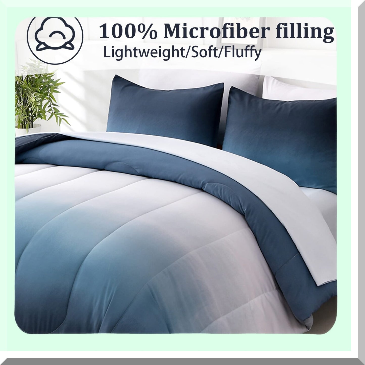 Ocean Blue Ombre Comforter Set - 7 Piece Microfiber Bed in a Bag - All Season Down Alternative Abstract Bedding for Teen Boys Girls - 90" x 90"