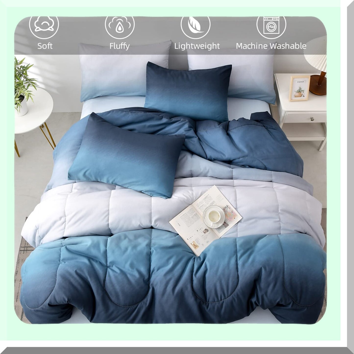 Ocean Blue Ombre Comforter Set - 7 Piece Microfiber Bed in a Bag - All Season Down Alternative Abstract Bedding for Teen Boys Girls - 90" x 90"