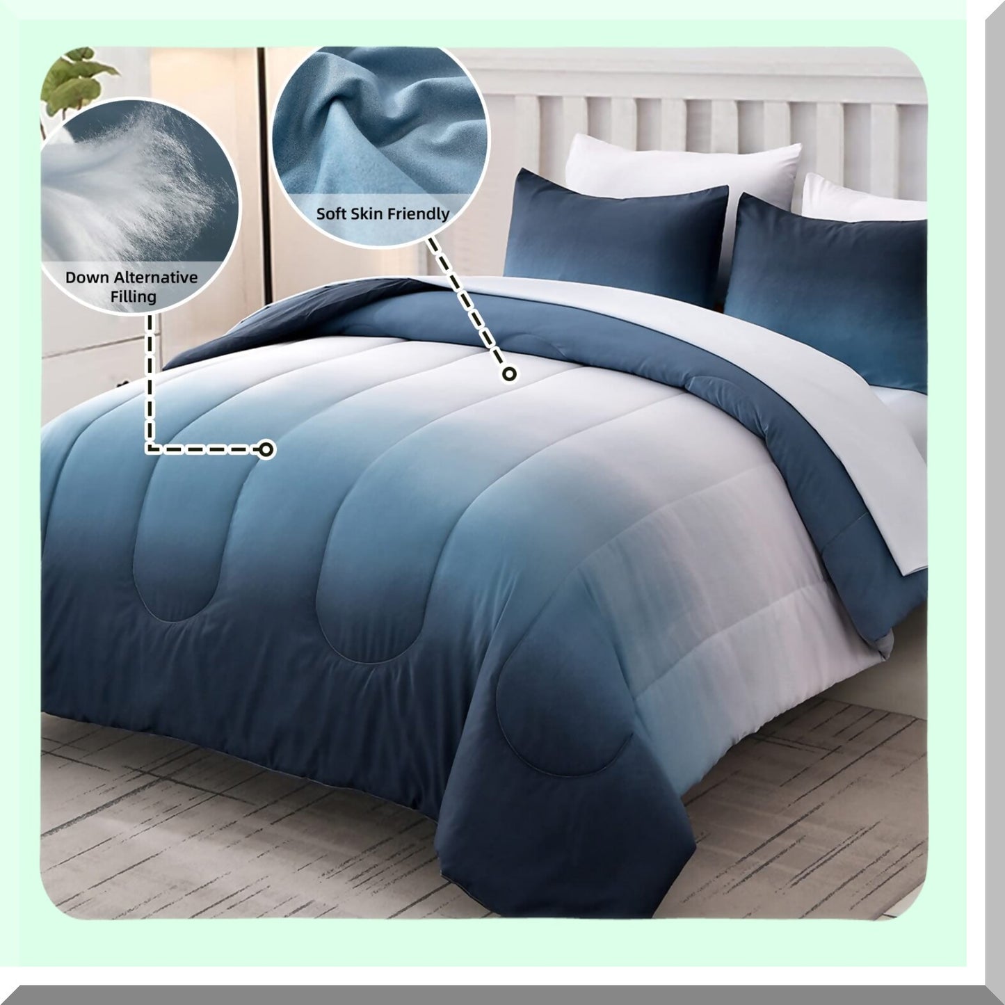 Ocean Blue Ombre Comforter Set - 7 Piece Microfiber Bed in a Bag - All Season Down Alternative Abstract Bedding for Teen Boys Girls - 90" x 90"