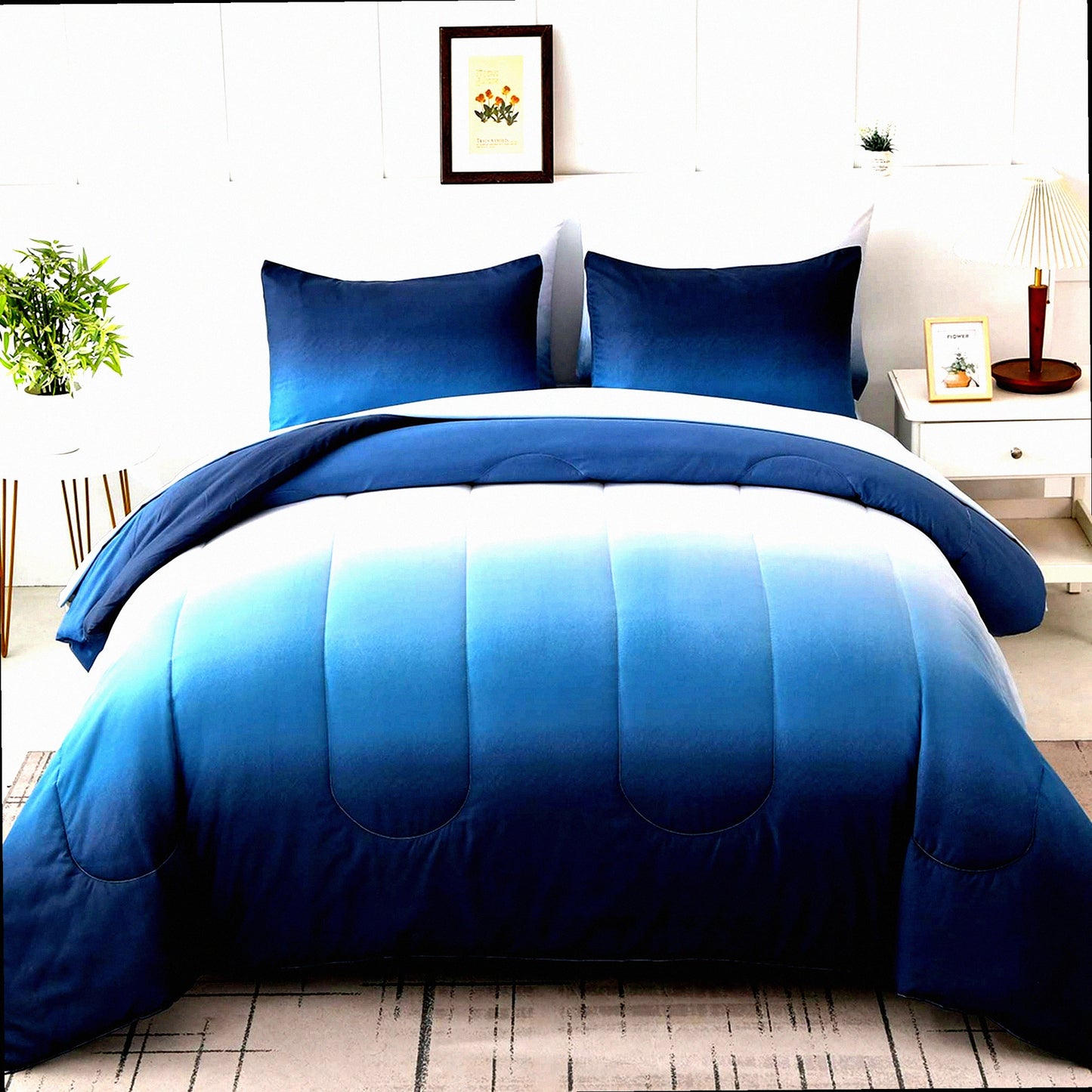Ocean Blue Ombre Comforter Set - 7 Piece Microfiber Bed in a Bag - All Season Down Alternative Abstract Bedding for Teen Boys Girls - 90" x 90"