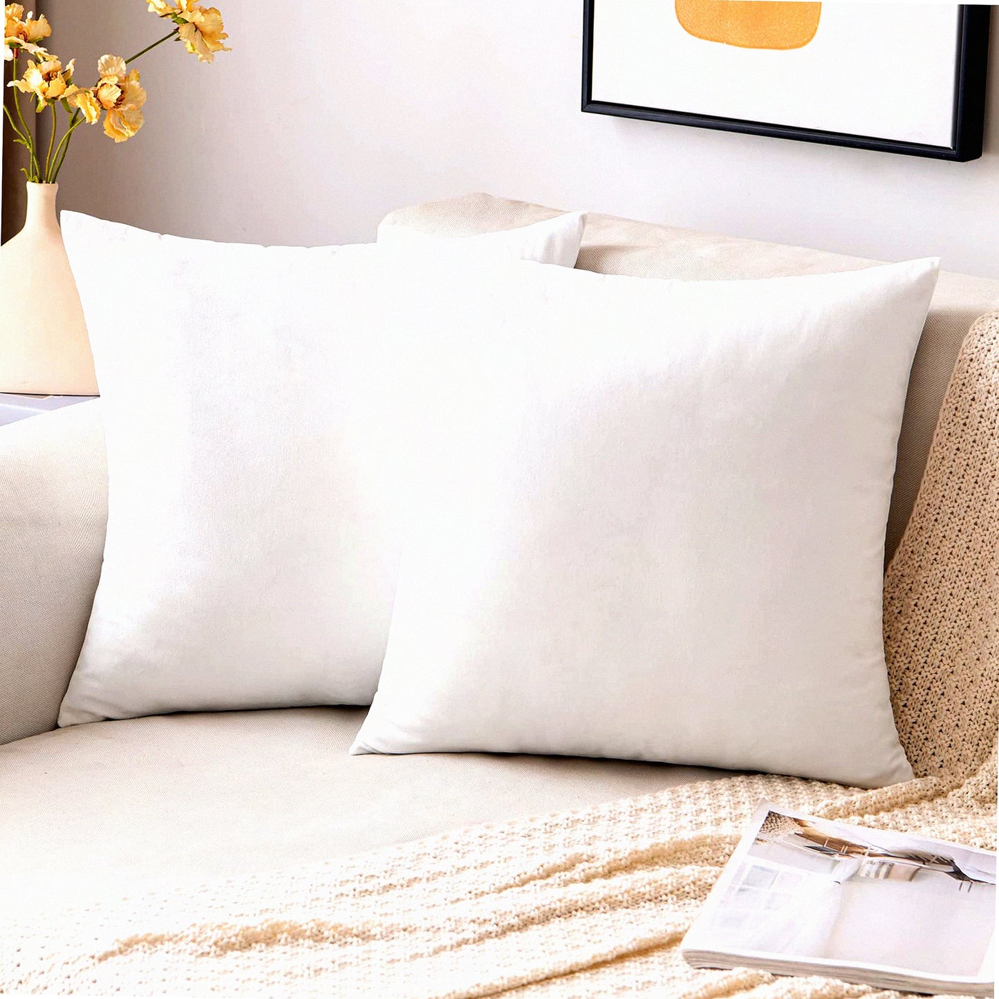 VelvetSoft Square Pillowcase Set - 2 Pack Decorative Cushion Covers for Sofa, Bedroom, Chair, Car - 18x18 Inch White - Plush Throw Pillow Cover