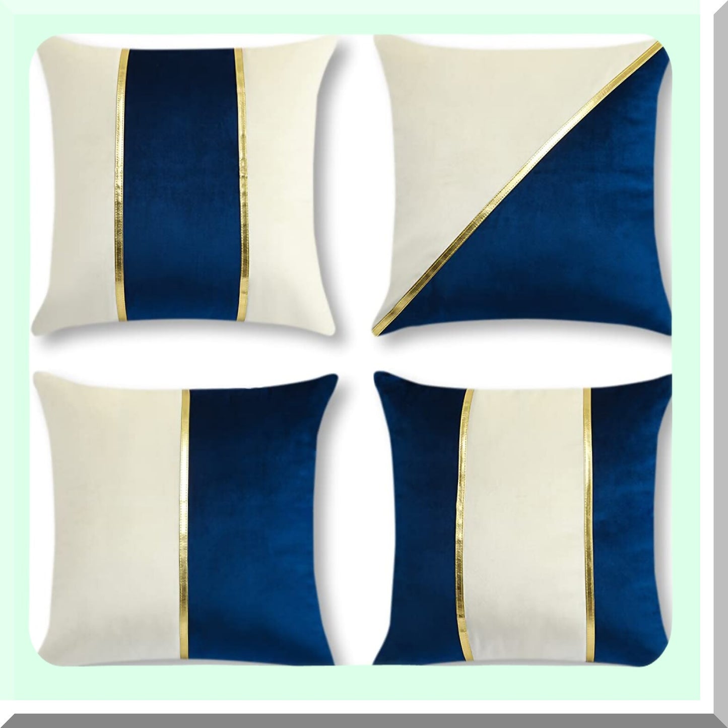 Luxury Velvet Gold Striped Pillow Covers - Set of 4 | Soft Leather Patchwork Cushion Cover 18x18 Inch | Decorative Home Decor for Couch, Living Room, Bed, Car - Navy Blue