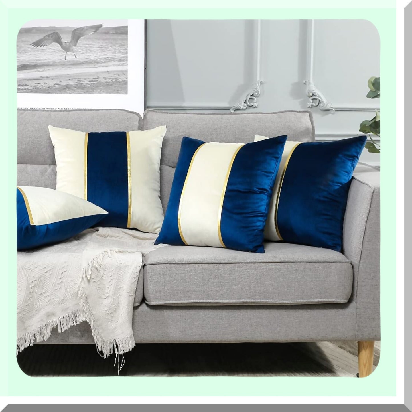 Luxury Velvet Gold Striped Pillow Covers - Set of 4 | Soft Leather Patchwork Cushion Cover 18x18 Inch | Decorative Home Decor for Couch, Living Room, Bed, Car - Navy Blue