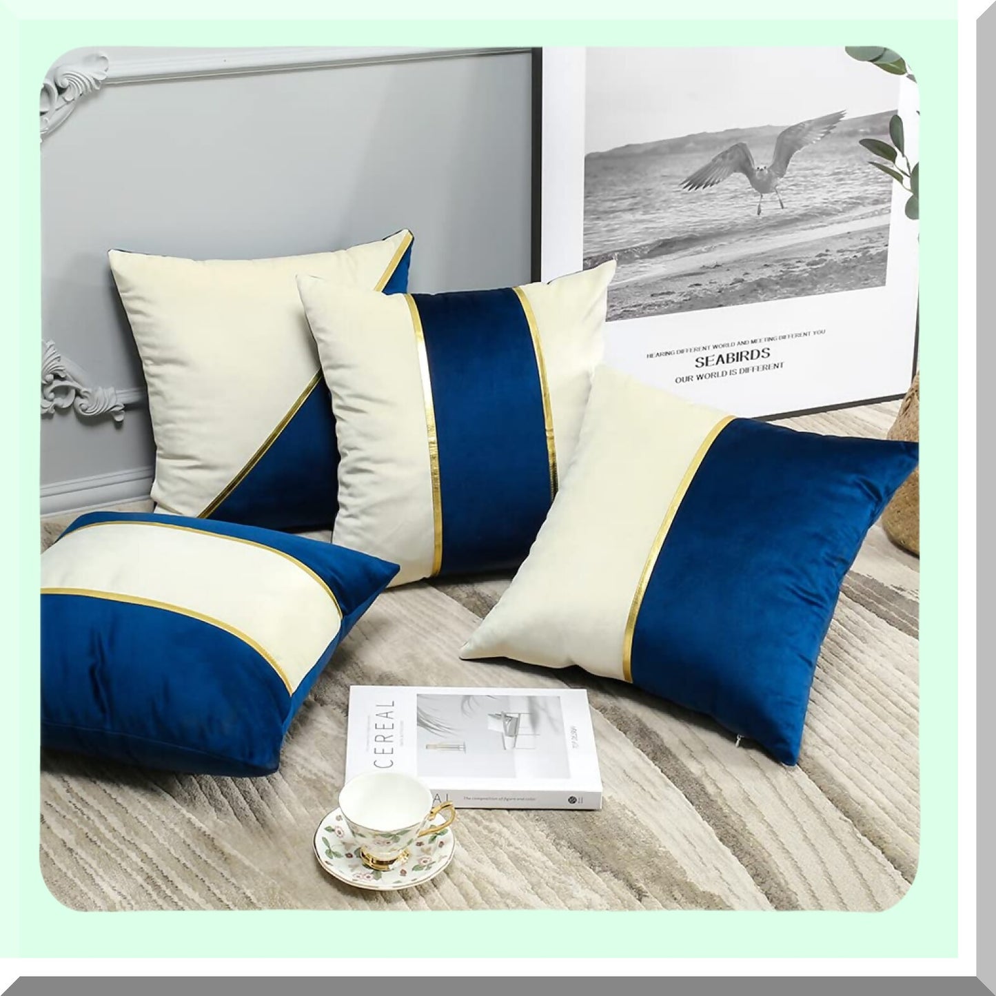 Luxury Velvet Gold Striped Pillow Covers - Set of 4 | Soft Leather Patchwork Cushion Cover 18x18 Inch | Decorative Home Decor for Couch, Living Room, Bed, Car - Navy Blue