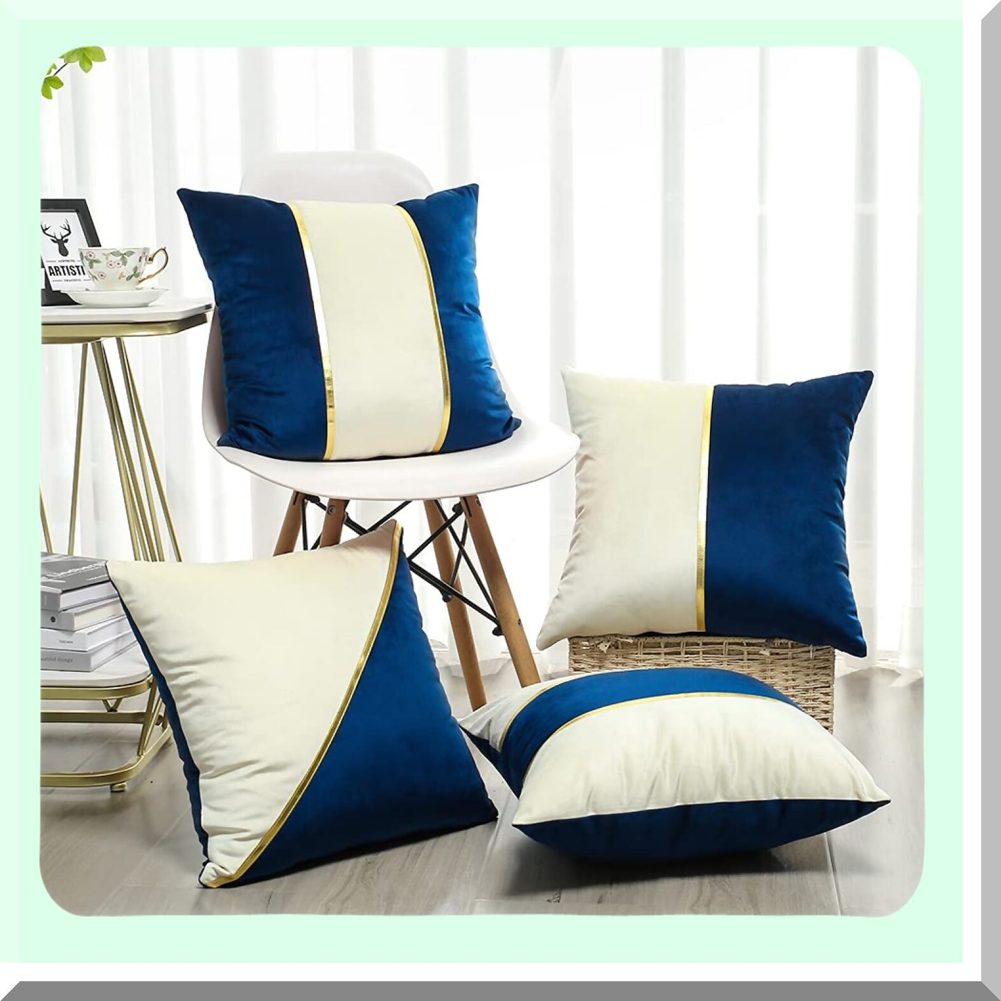 Luxury Velvet Gold Striped Pillow Covers - Set of 4 | Soft Leather Patchwork Cushion Cover 18x18 Inch | Decorative Home Decor for Couch, Living Room, Bed, Car - Navy Blue