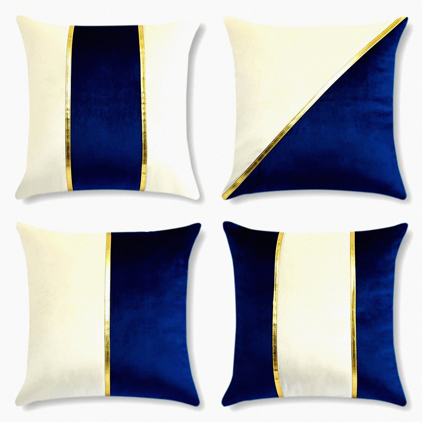 Luxury Velvet Gold Striped Pillow Covers - Set of 4 | Soft Leather Patchwork Cushion Cover 18x18 Inch | Decorative Home Decor for Couch, Living Room, Bed, Car - Navy Blue
