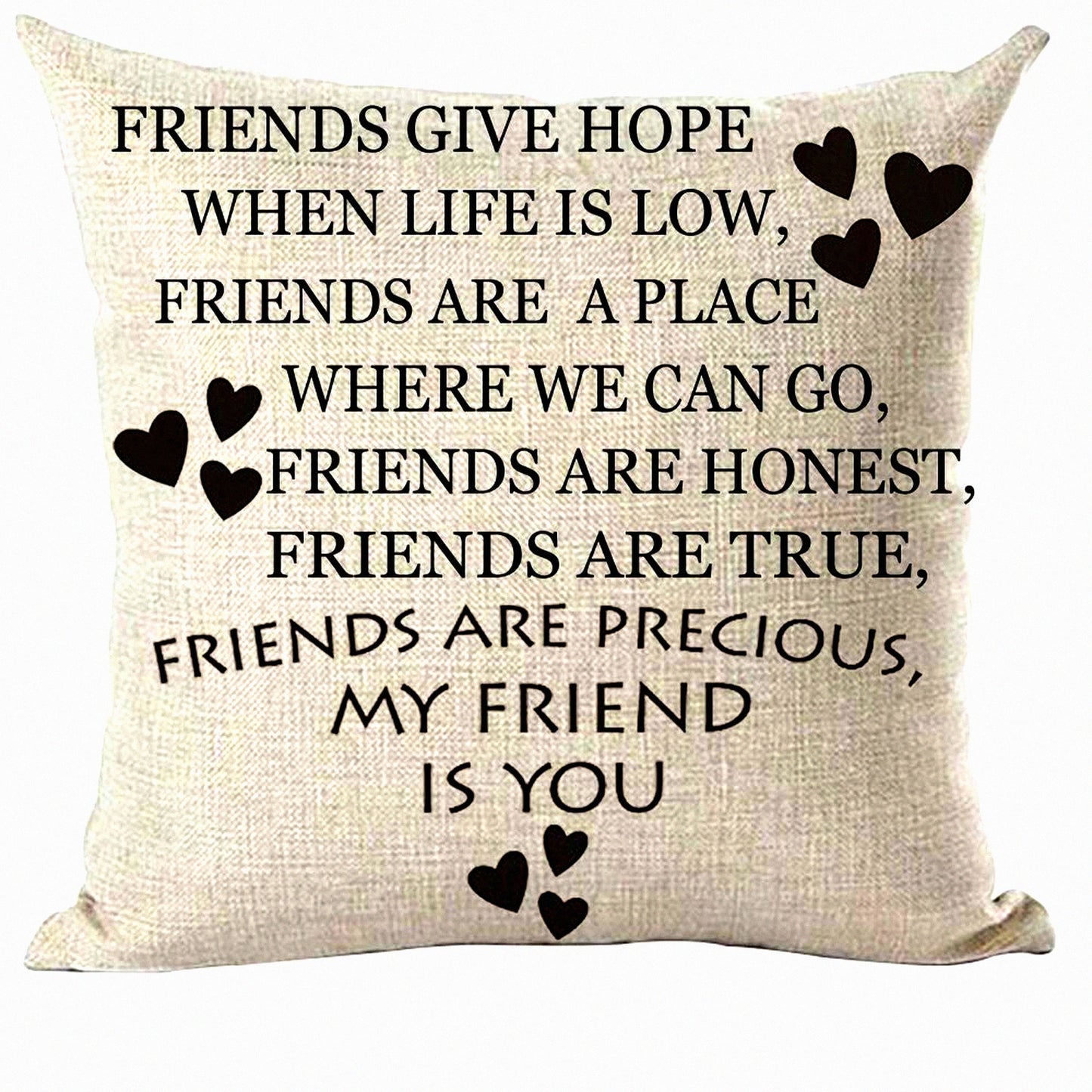 Friendship Hope Inspirational Quote Decorative Pillow Cover - Black Word Art Love Friends - Home Living Room Bed Sofa Car Cotton Linen Square 18 x 18 Inches