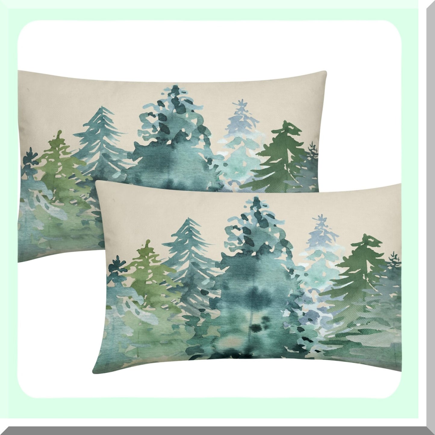 Nature's Winter Forest Lumbar Pillow Covers - Set of 2 Watercolor Blue Green Tree Print Decorative Cushion Cases for Home Sofa Couch Bed Outdoor.
