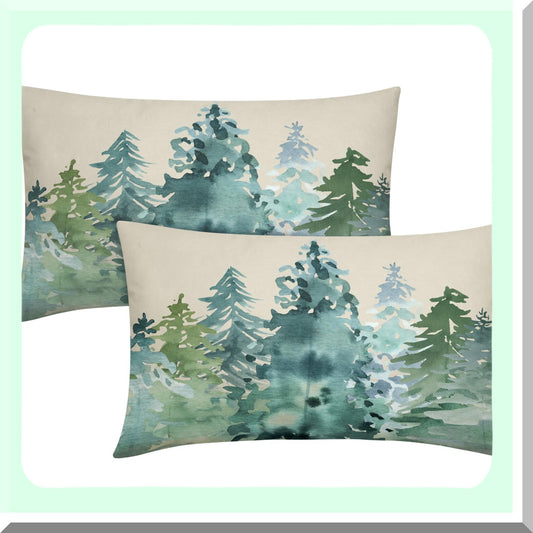 Nature's Winter Forest Lumbar Pillow Covers - Set of 2 Watercolor Blue Green Tree Print Decorative Cushion Cases for Home Sofa Couch Bed Outdoor.