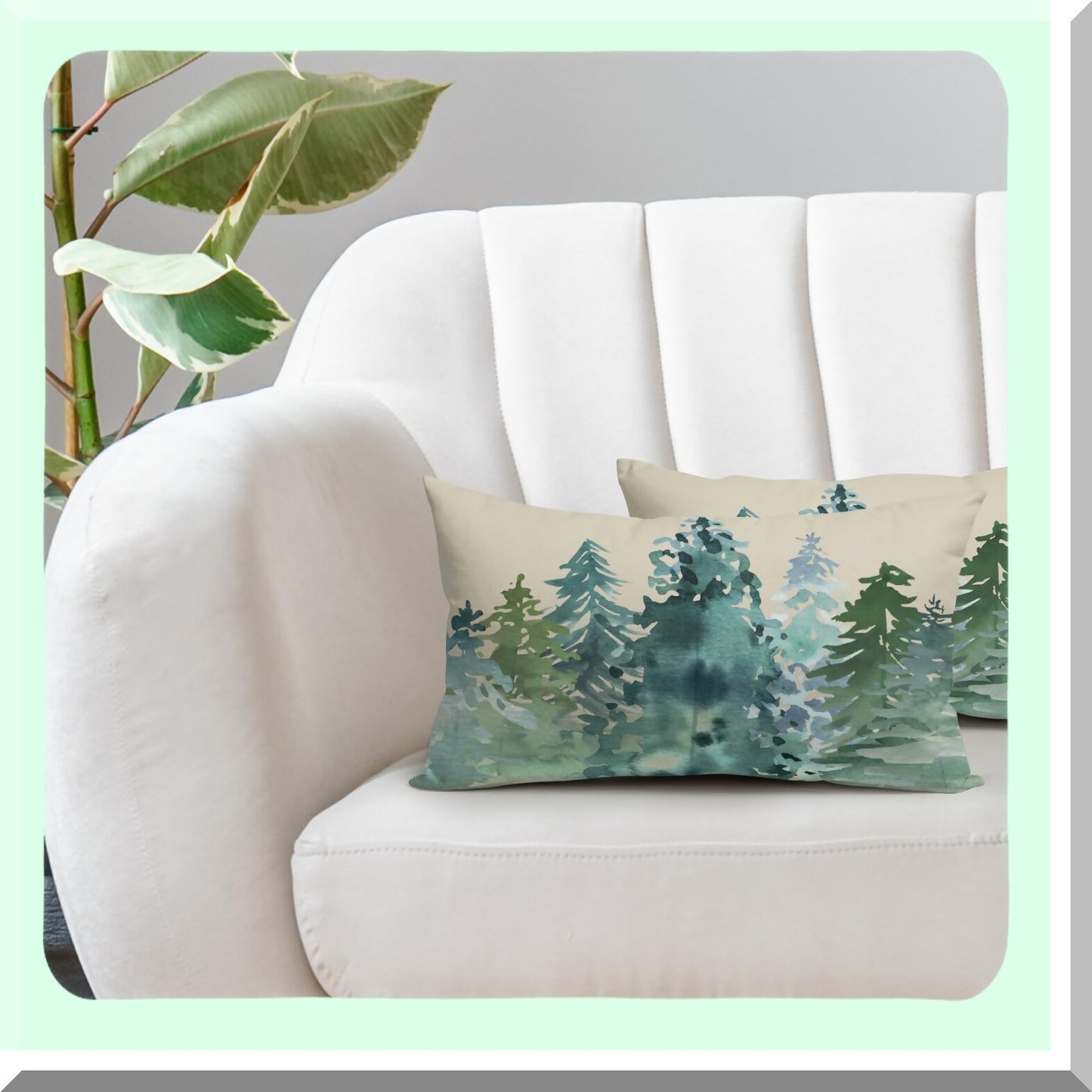 Nature's Winter Forest Lumbar Pillow Covers - Set of 2 Watercolor Blue Green Tree Print Decorative Cushion Cases for Home Sofa Couch Bed Outdoor.