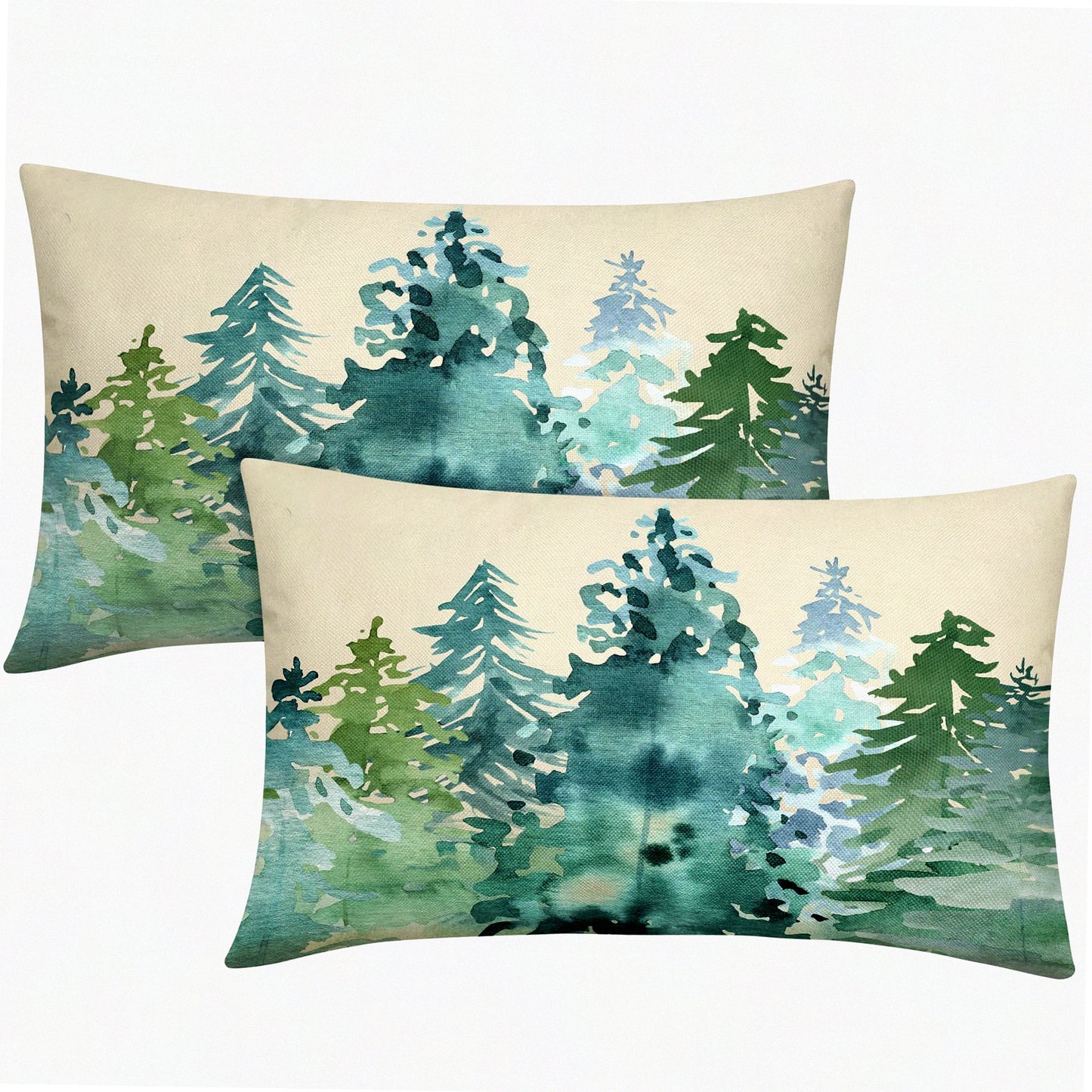 Nature's Winter Forest Lumbar Pillow Covers - Set of 2 Watercolor Blue Green Tree Print Decorative Cushion Cases for Home Sofa Couch Bed Outdoor.