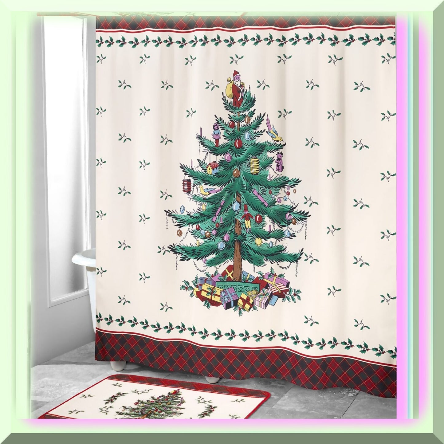 Cotton Bath Mat Holiday Tree Tartan Rug