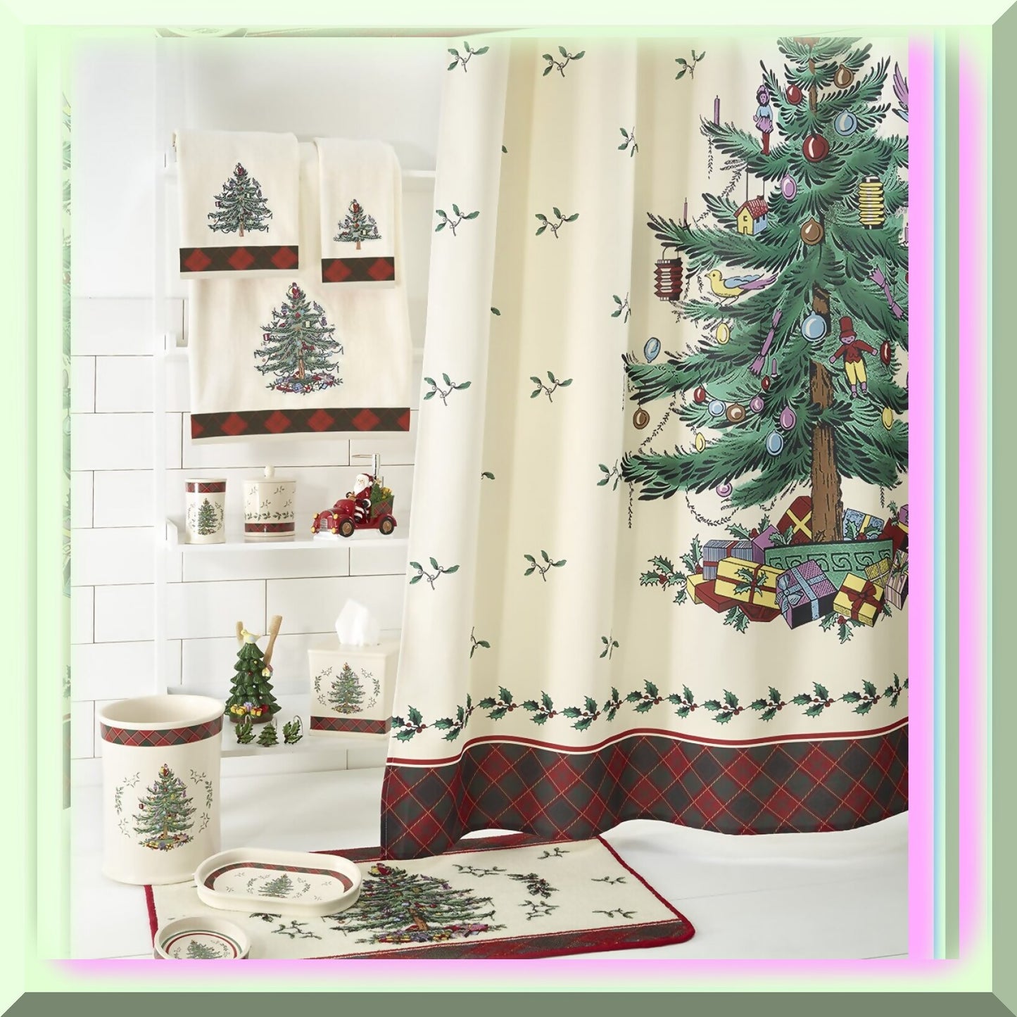 Cotton Bath Mat Holiday Tree Tartan Rug