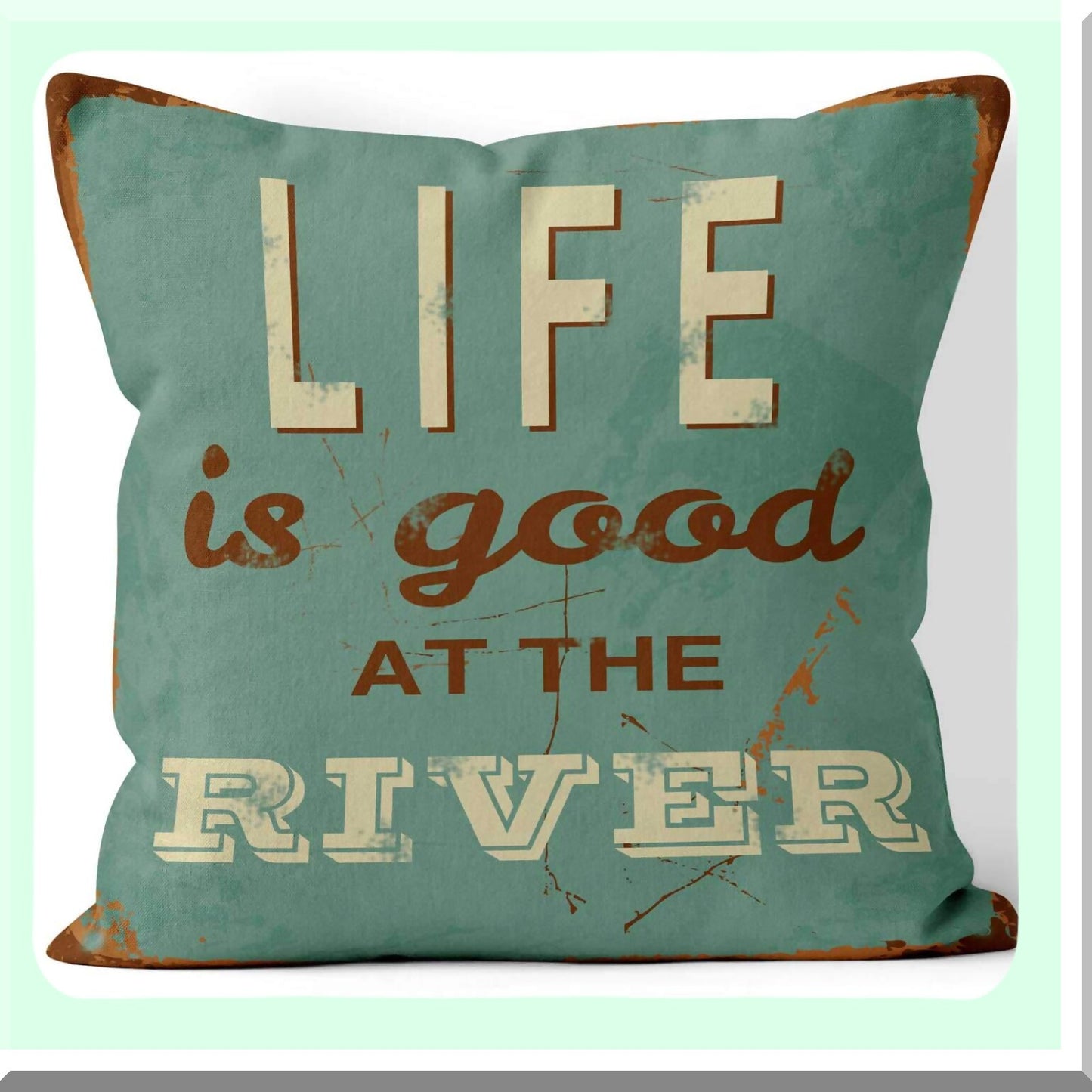River Retreat Vintage Throw Pillow Cover - Life is Good Collection - 18x18 Square Decorative Cushion Case - River House Decor - Good Vibes Home Accent
