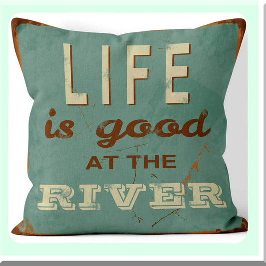 River Retreat Vintage Throw Pillow Cover - Life is Good Collection - 18x18 Square Decorative Cushion Case - River House Decor - Good Vibes Home Accent