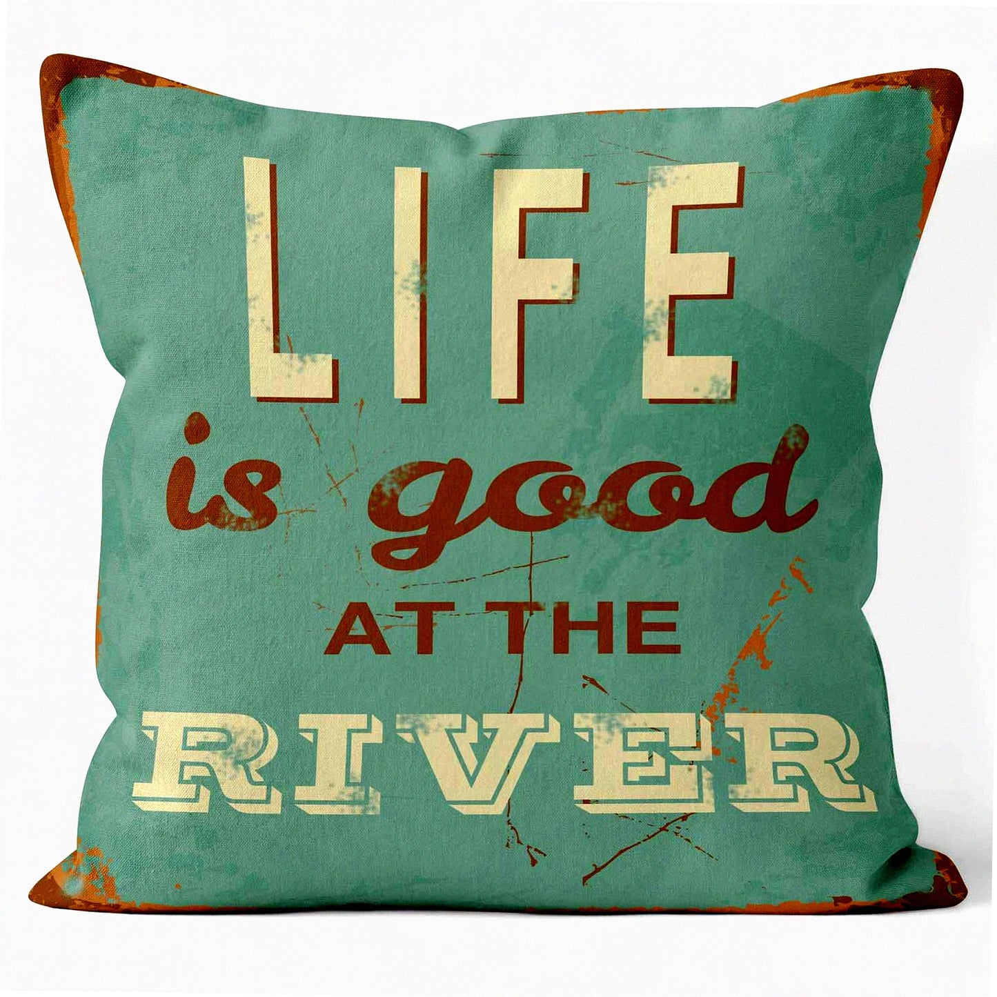 River Retreat Vintage Throw Pillow Cover - Life is Good Collection - 18x18 Square Decorative Cushion Case - River House Decor - Good Vibes Home Accent