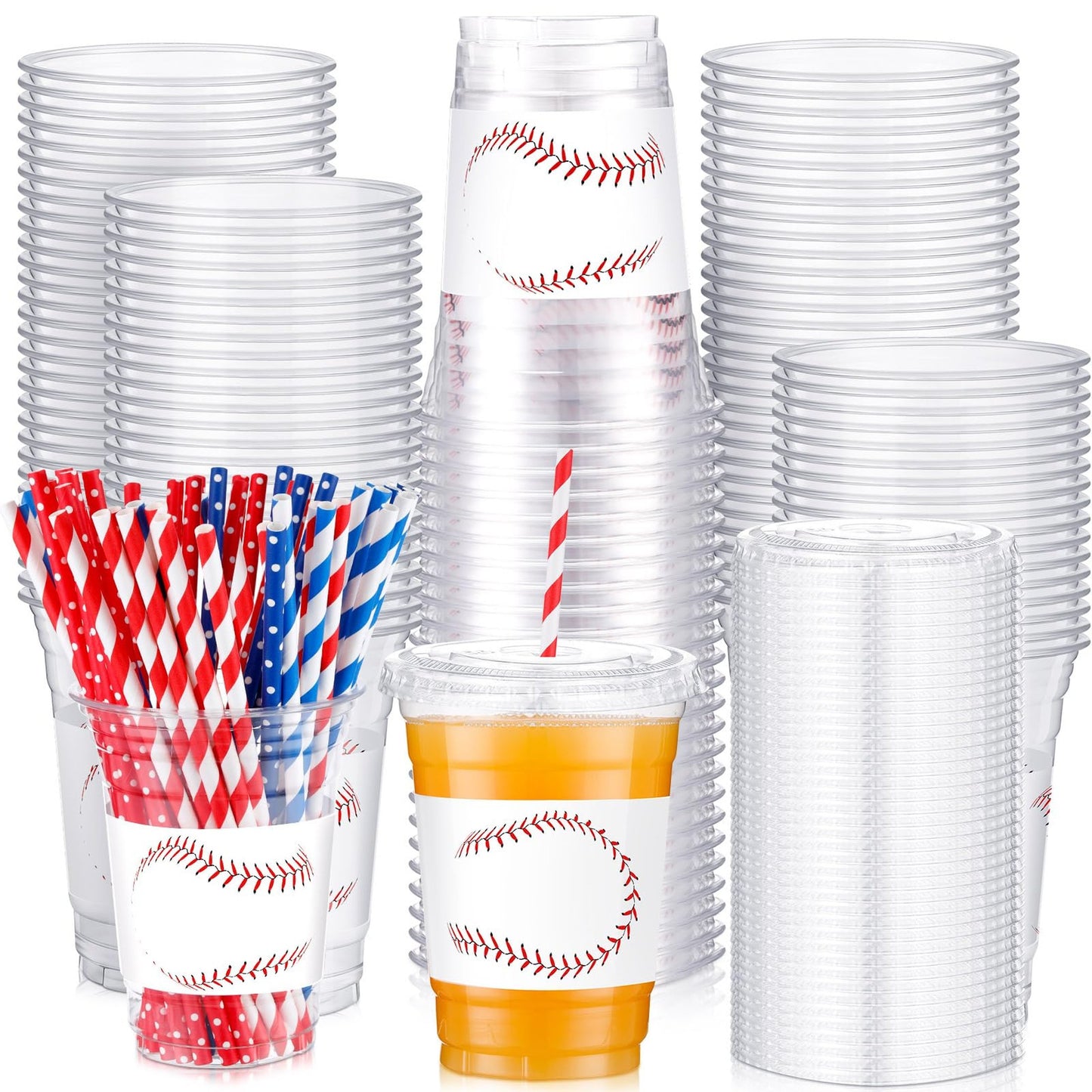 Baseball Party Pack: 50 Reusable 16oz Cups with Lids & Straws - Perfect for Iced Coffee, Milk Tea, Hot Chocolate & More! Ideal for Baseball Game Parties.