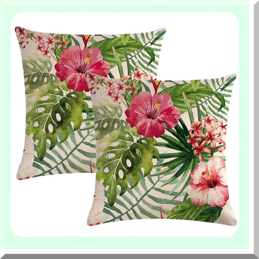 Tropical Leaves Farmhouse Pillow Covers - Set of 2 Spring Decorative Cushion Cases for Patio Sofa Couch - 18x18 Flower Throw Pillowcases