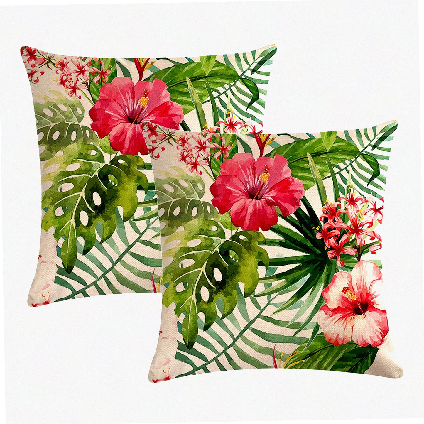 Tropical Leaves Farmhouse Pillow Covers - Set of 2 Spring Decorative Cushion Cases for Patio Sofa Couch - 18x18 Flower Throw Pillowcases