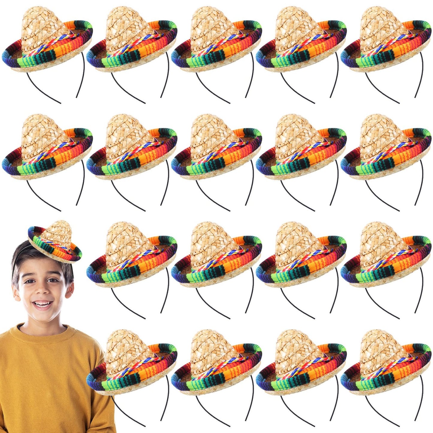 Fiesta Mini Sombrero Headbands - Set of 18 Mini Mexican Hats for Cinco De Mayo Decorations! Perfect for Kids, Pets, and Dolls - 5.9 Inches, Fabric and Straw
