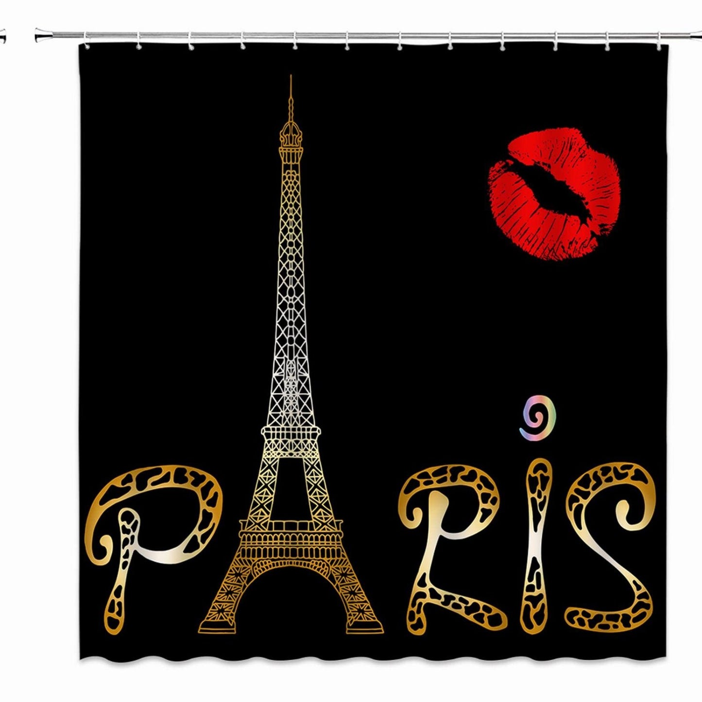 Paris Eiffel Tower Shower Curtain 70x70 Inch Red Lips Black Polyester