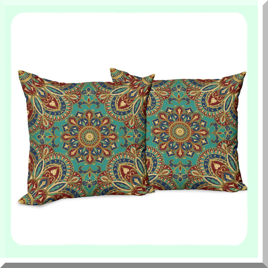 Medieval Motif Double-Sided Throw Pillow Cover Set - Pack of 2, Ethnic Pattern Decorative Cushion Case, Zippered 16" Teal Indigo Digital Print
