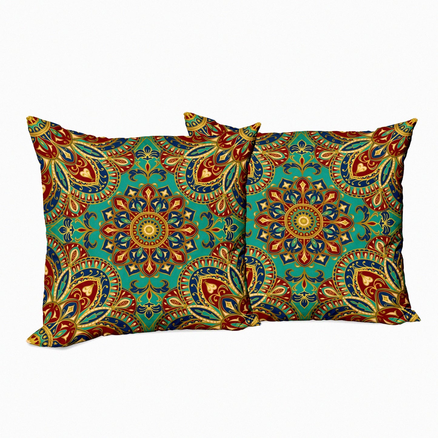 Medieval Motif Double-Sided Throw Pillow Cover Set - Pack of 2, Ethnic Pattern Decorative Cushion Case, Zippered 16" Teal Indigo Digital Print