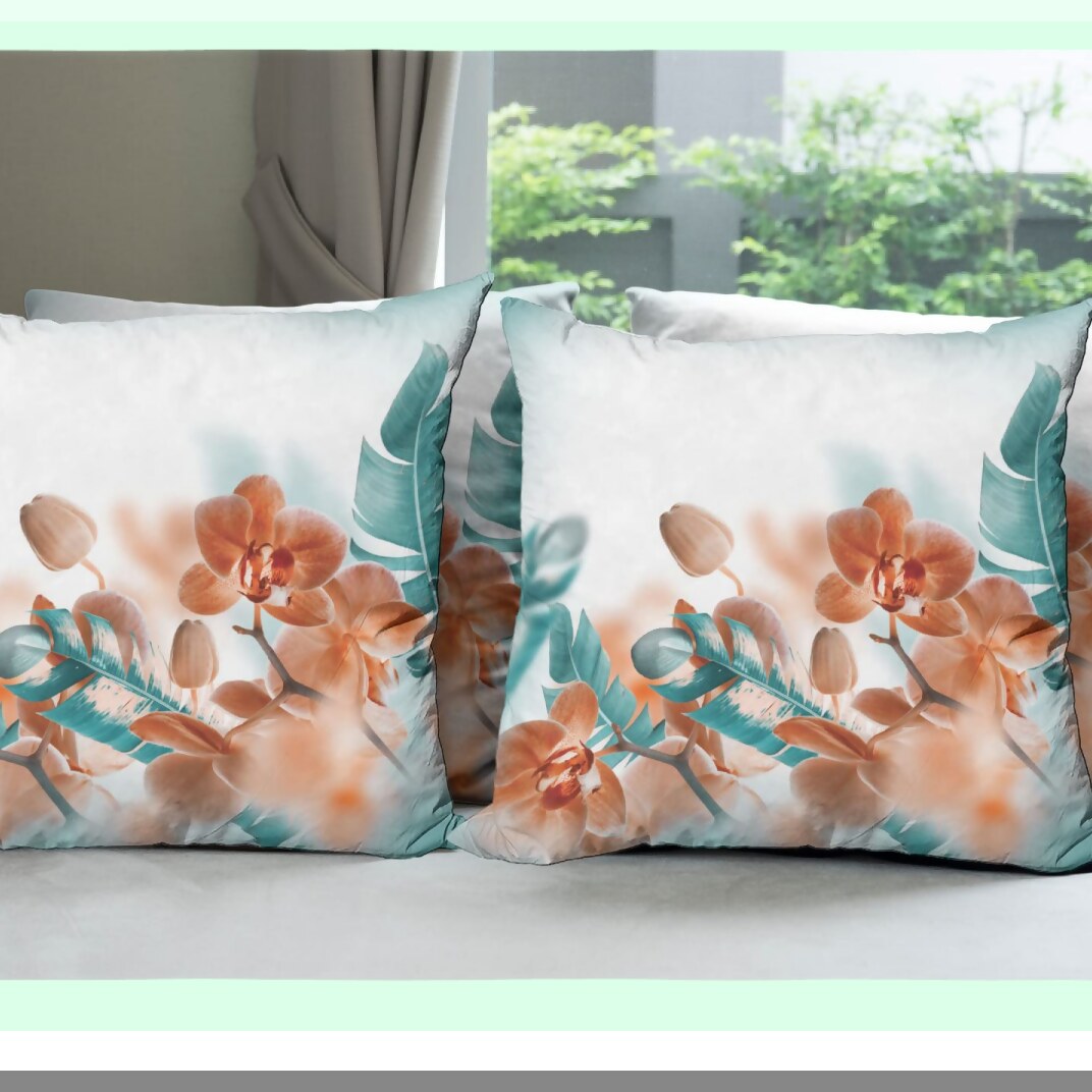 Exotic Orchid Bloom Pillow Set - Tropical Floral Cushion Cover Pack of 4, Modern Art Double-Sided Print, 16" Orange Teal Accent Case