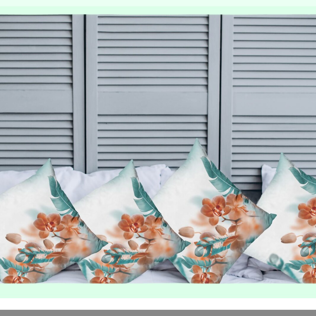 Exotic Orchid Bloom Pillow Set - Tropical Floral Cushion Cover Pack of 4, Modern Art Double-Sided Print, 16" Orange Teal Accent Case
